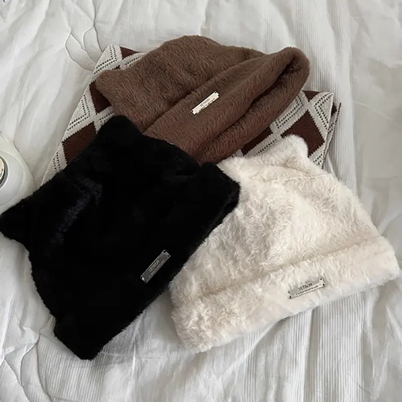 Winter Fluffy Fur Beanie Cap for Women Cute Thick Plush Pullover Hat Solid Color Cartoon Cat Ears Knitted Hats