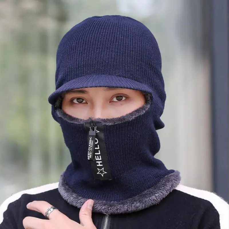 Winter Balaclava Hat for Men Thick Plush Knitted Hooded Beanies Outdoor Windproof Full Face Cover Plush Cap