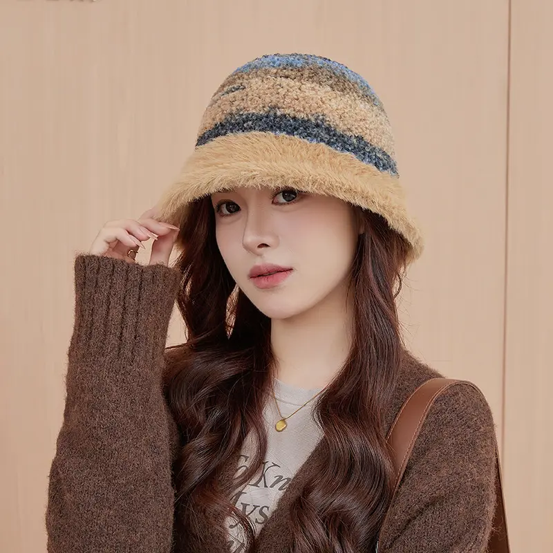 Colorful Bucket Hat for Women Winter Warm Plush Knit Fisherman Cap Outdoor Windproof Female Panama Caps Bonnet