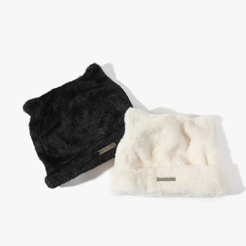 Winter Fluffy Fur Beanie Cap for Women Cute Thick Plush Pullover Hat Solid Color Cartoon Cat Ears Knitted Hats