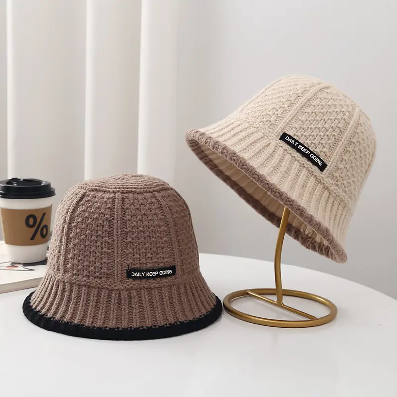 Solid Color Knitted Bucket Hat for Women Autumn Winter Warm Woolen Fisherman Cap Korean Wide Brim Windproof Hats
