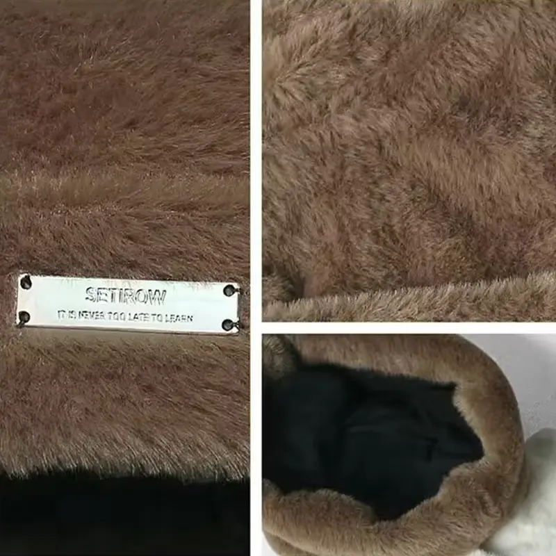 Winter Fluffy Fur Beanie Cap for Women Cute Thick Plush Pullover Hat Solid Color Cartoon Cat Ears Knitted Hats