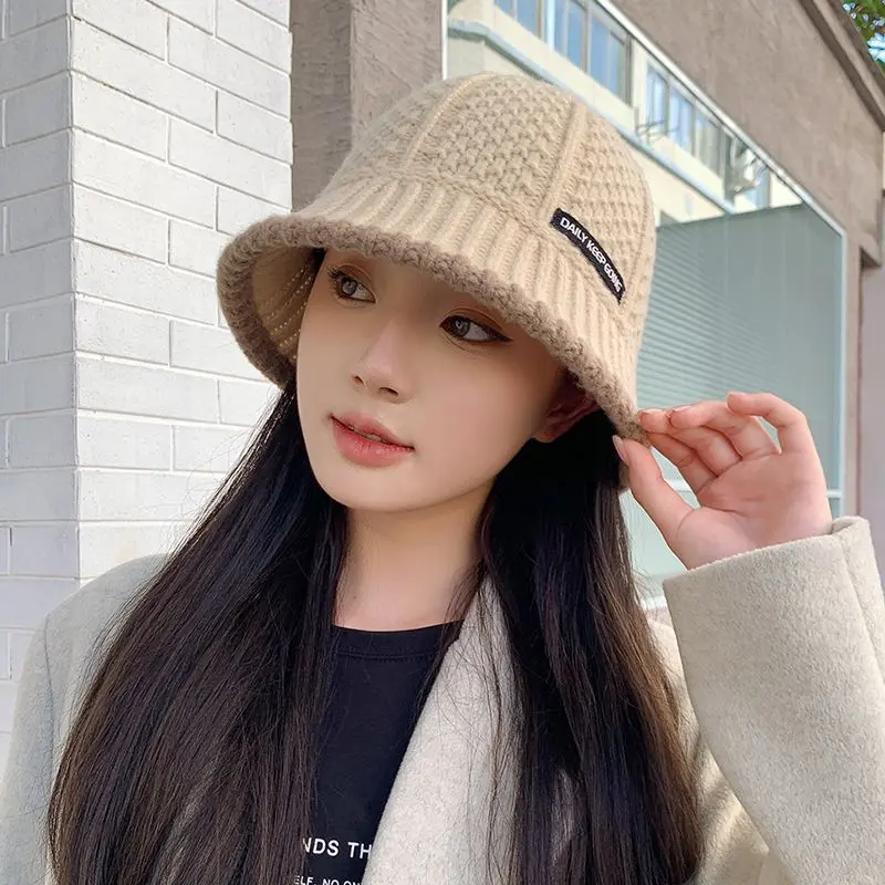 Solid Color Knitted Bucket Hat for Women Autumn Winter Warm Woolen Fisherman Cap Korean Wide Brim Windproof Hats