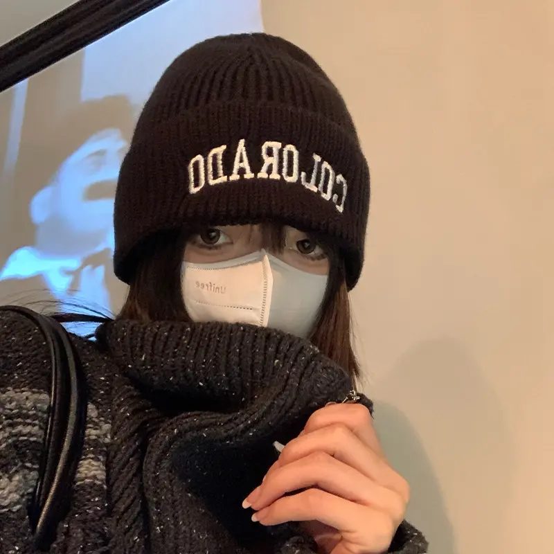 Letter Embroidery Beanie Cap for Women Korean Solid Color Knitted Hat Autumn Winter Warm Thick Woolen Pullover Caps