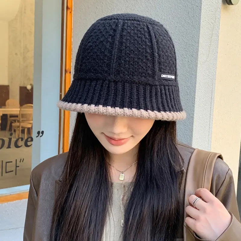 Solid Color Knitted Bucket Hat for Women Autumn Winter Warm Woolen Fisherman Cap Korean Wide Brim Windproof Hats