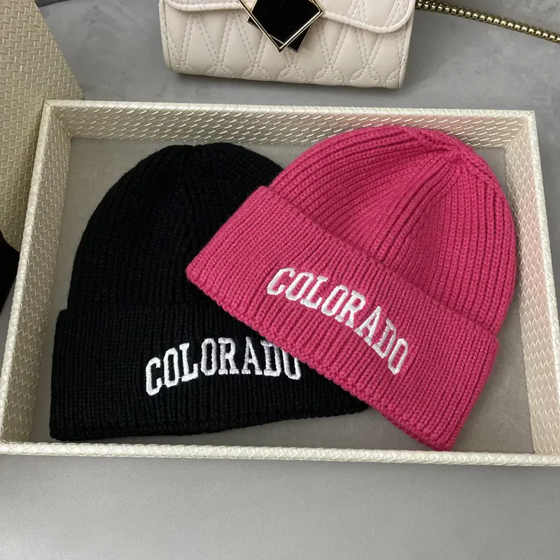 Letter Embroidery Beanie Cap for Women Korean Solid Color Knitted Hat Autumn Winter Warm Thick Woolen Pullover Caps