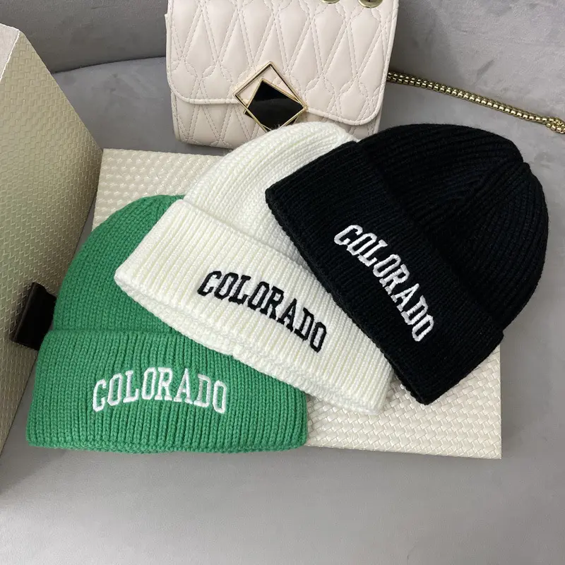 Letter Embroidery Beanie Cap for Women Korean Solid Color Knitted Hat Autumn Winter Warm Thick Woolen Pullover Caps