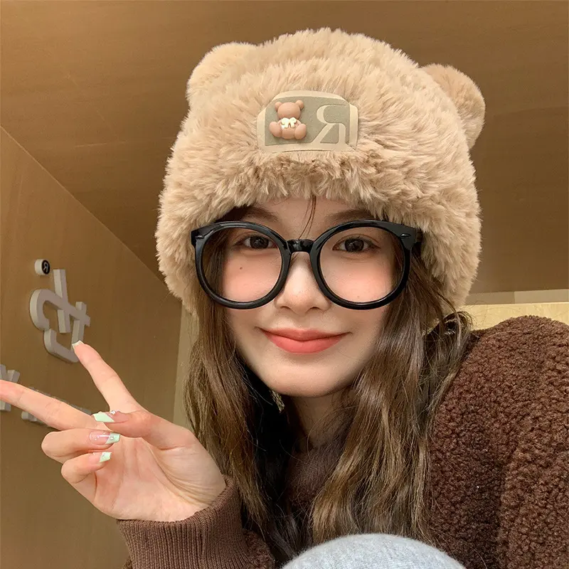 Cute Bear Ears Knitted Woolen Hat Cartoon Plush Beanie Cap Winter Autumn Thick Warm Ear Protection Hats