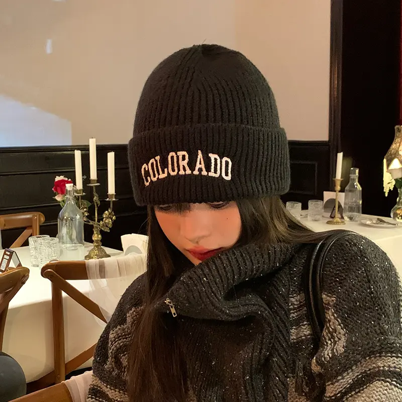 Letter Embroidery Beanie Cap for Women Korean Solid Color Knitted Hat Autumn Winter Warm Thick Woolen Pullover Caps