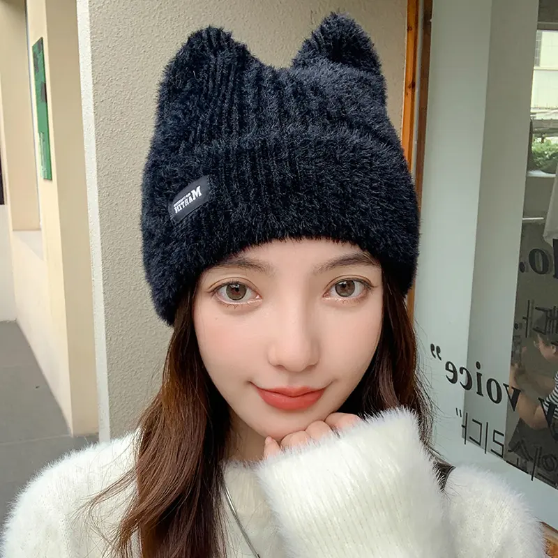 Cute Knitted Wool Beanie Cap for Women Winter Thicken Warm Skullcap Cartoon Thermal Lady Girls Ear Protection Hats