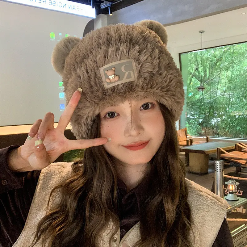 Cute Bear Ears Knitted Woolen Hat Cartoon Plush Beanie Cap Winter Autumn Thick Warm Ear Protection Hats