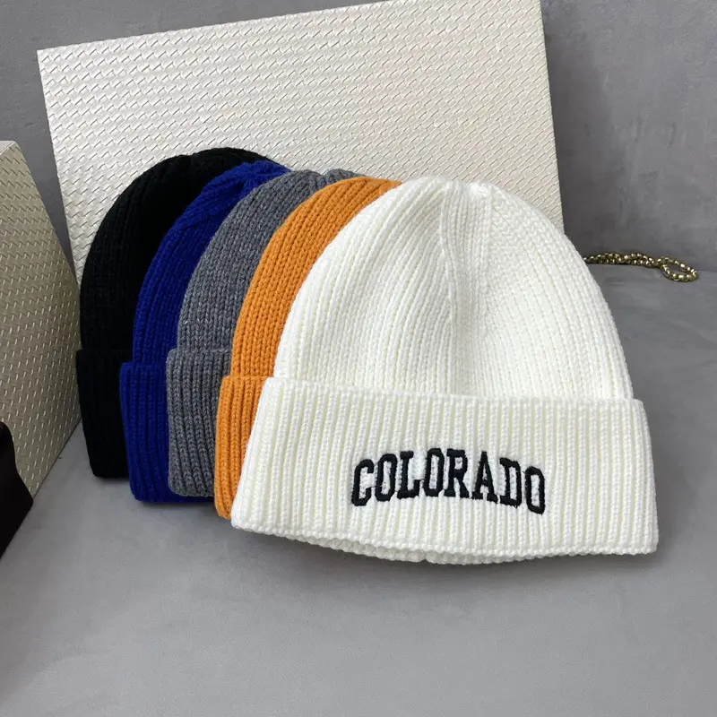 Letter Embroidery Beanie Cap for Women Korean Solid Color Knitted Hat Autumn Winter Warm Thick Woolen Pullover Caps