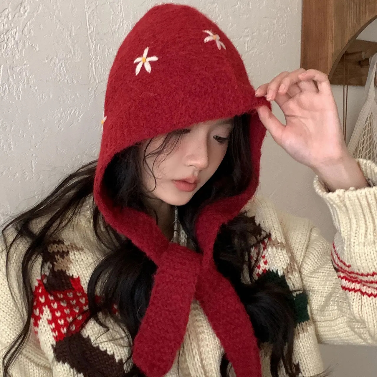 Winter Knitted Balaclava Hat for Women Warm Ear Protection Beanie Cap Vintage Flowery Lace-up Bonnet Christmas Gifts