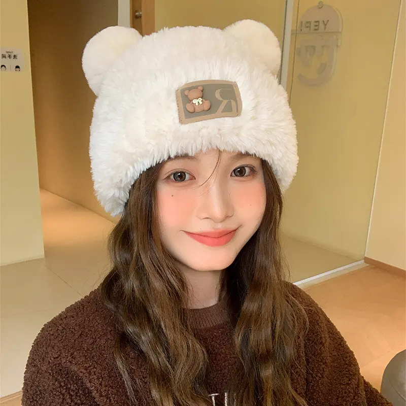 Cute Bear Ears Knitted Woolen Hat Cartoon Plush Beanie Cap Winter Autumn Thick Warm Ear Protection Hats