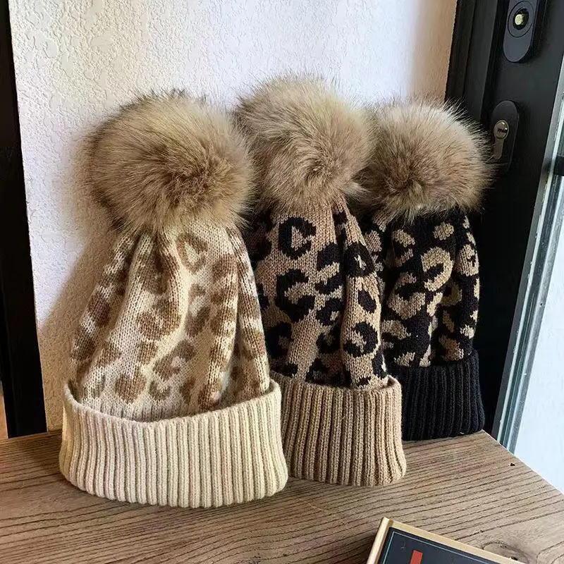 Retro Leopard Beanies for Women Winter Warm Knitted Woolen Hat Soft Pompom Skullcap Girls Thermal Caps