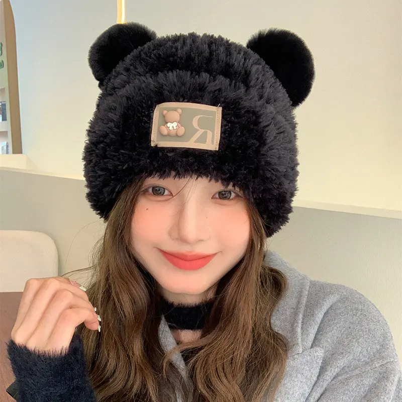 Cute Bear Ears Knitted Woolen Hat Cartoon Plush Beanie Cap Winter Autumn Thick Warm Ear Protection Hats