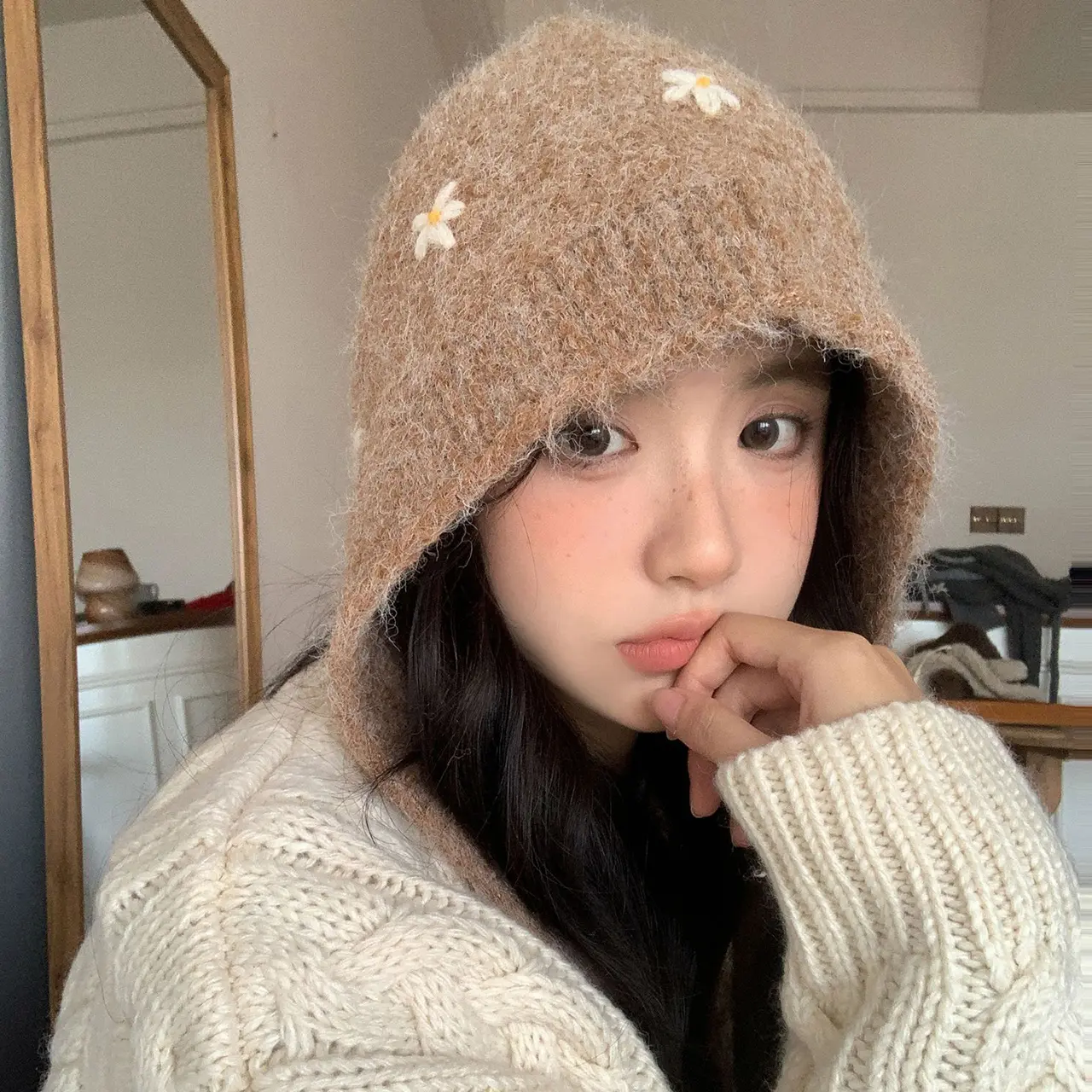 Winter Knitted Balaclava Hat for Women Warm Ear Protection Beanie Cap Vintage Flowery Lace-up Bonnet Christmas Gifts