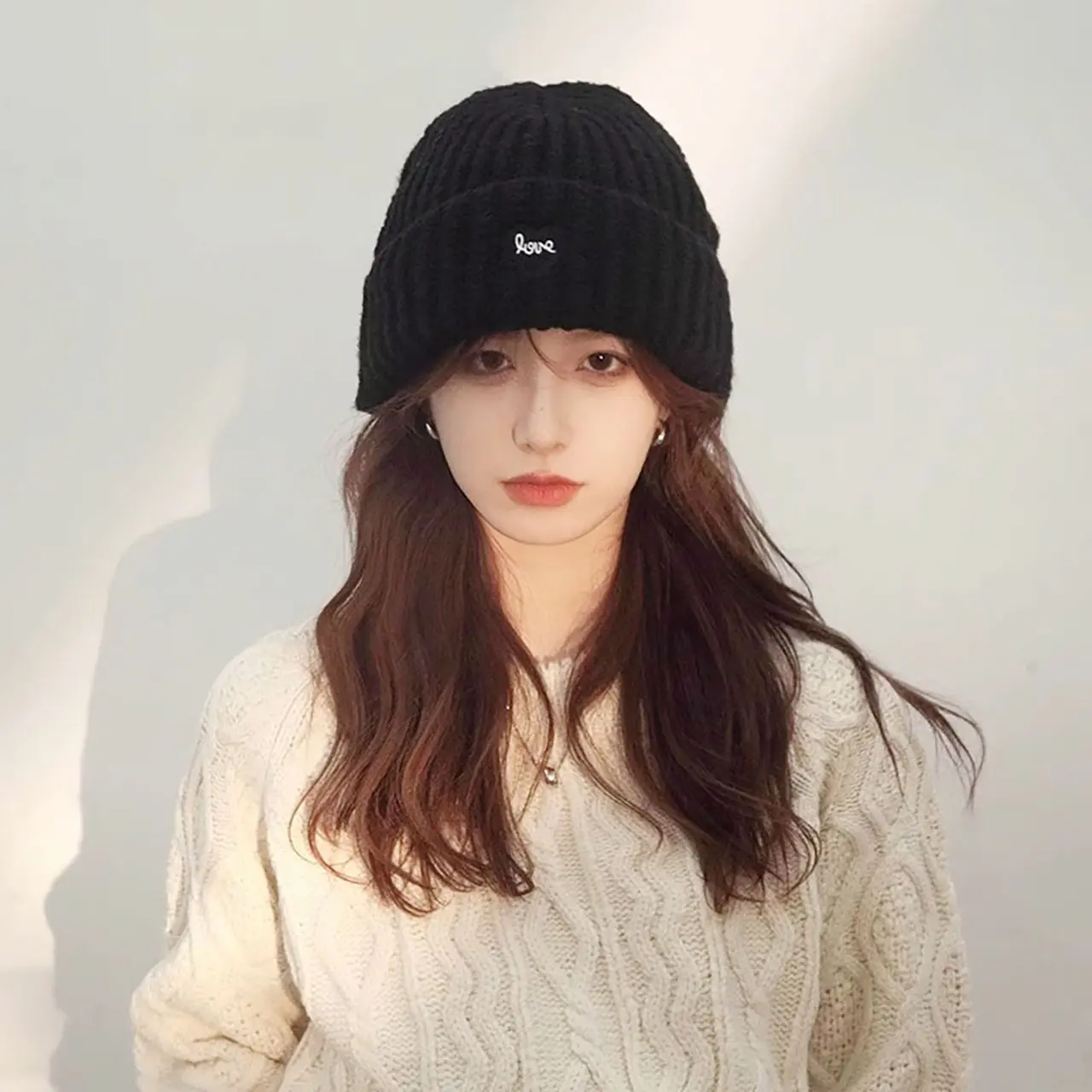 Winter Knitted Woolen Hat for Women Lover Heart Embroidered Beanie Cap Korean Solid Color Ear Protection Hats
