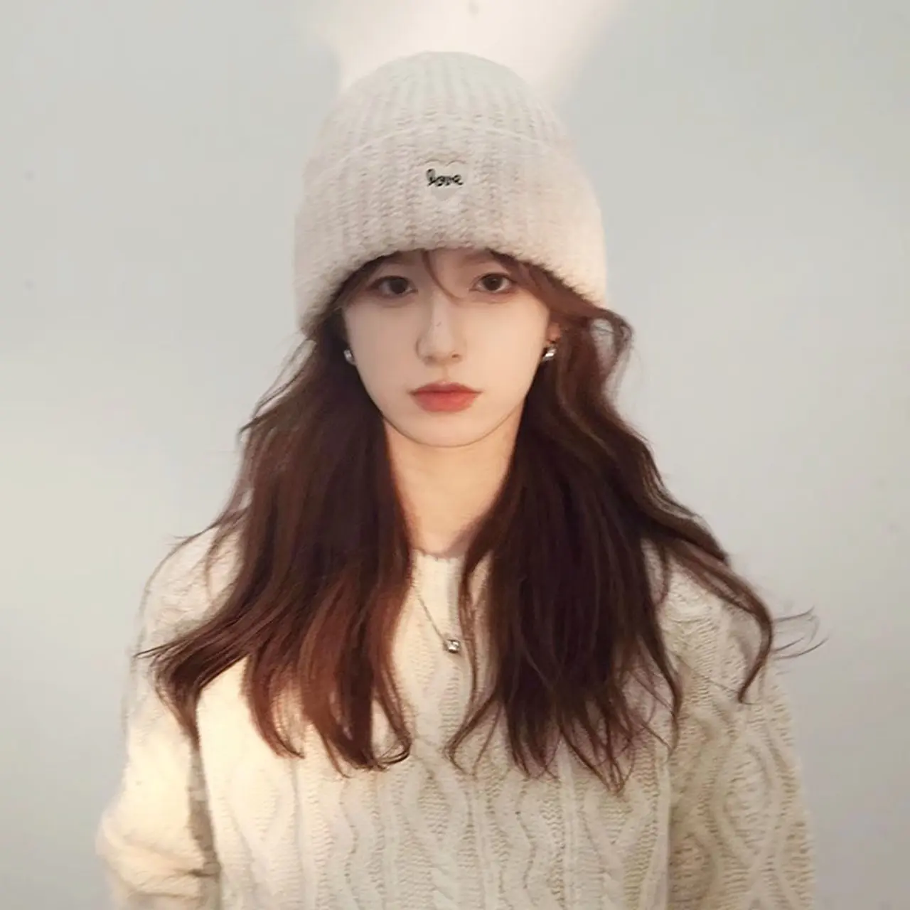 Winter Knitted Woolen Hat for Women Lover Heart Embroidered Beanie Cap Korean Solid Color Ear Protection Hats