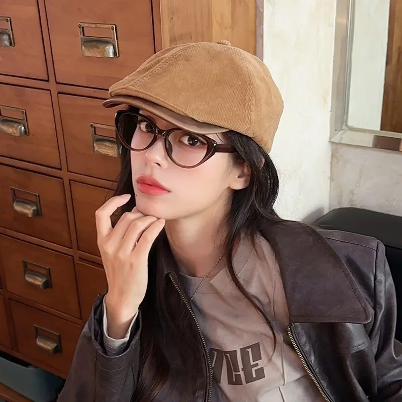 Retro Corduroy Beret Hat for Women Autumn Winter Warm Forward Cap Japanese Solid Color Female Girls Newsboy Caps