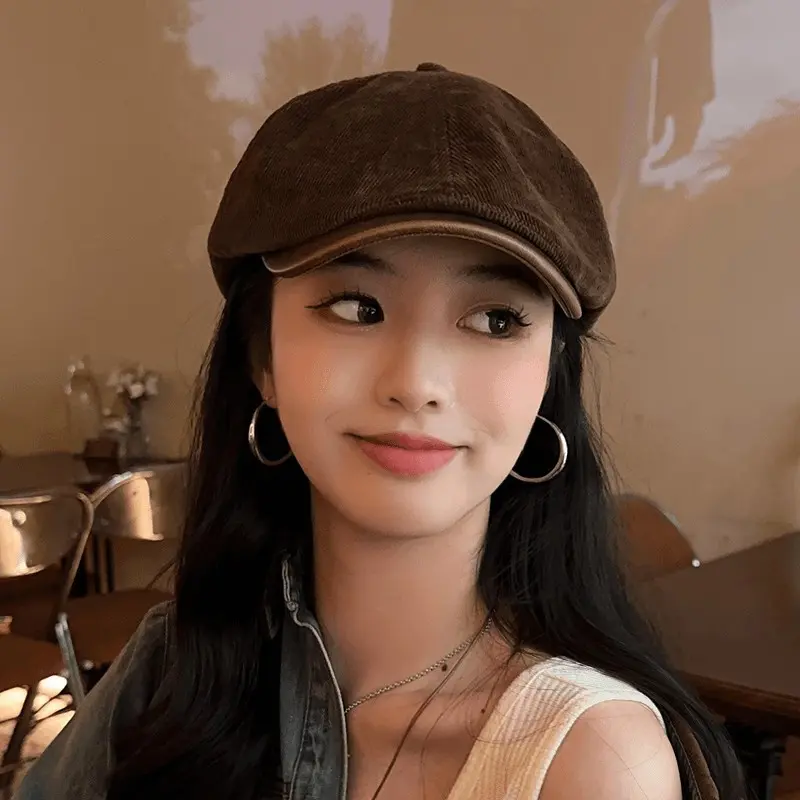 Retro Corduroy Beret Hat for Women Autumn Winter Warm Forward Cap Japanese Solid Color Female Girls Newsboy Caps