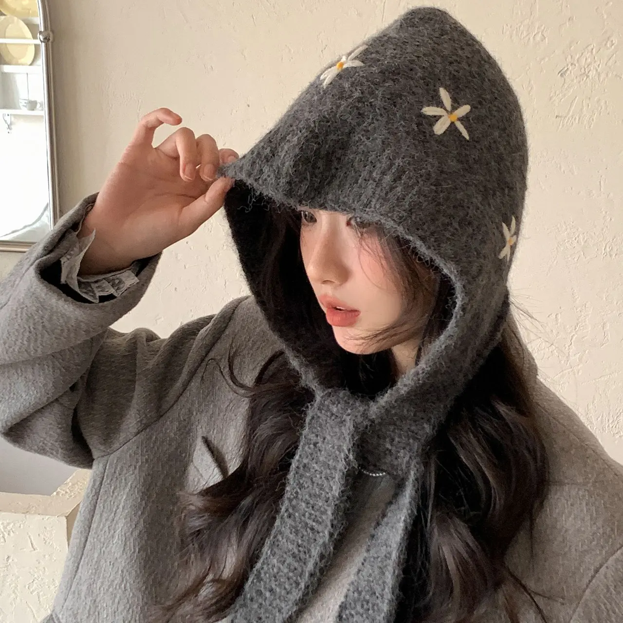 Winter Knitted Balaclava Hat for Women Warm Ear Protection Beanie Cap Vintage Flowery Lace-up Bonnet Christmas Gifts