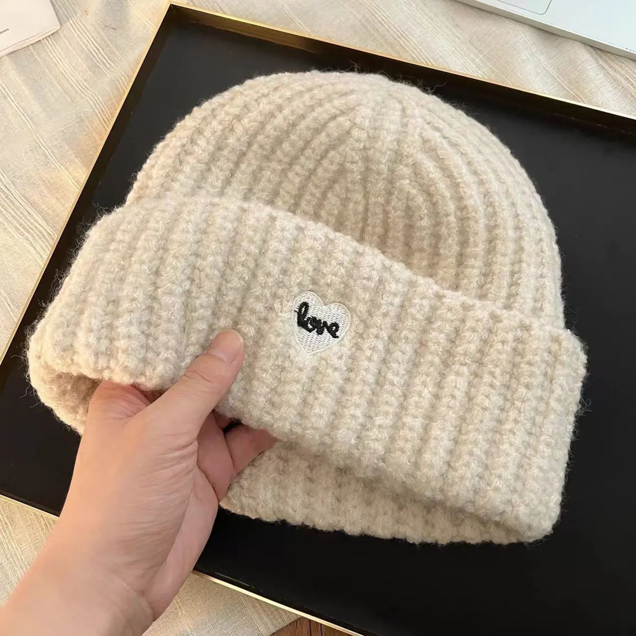 Winter Knitted Woolen Hat for Women Lover Heart Embroidered Beanie Cap Korean Solid Color Ear Protection Hats