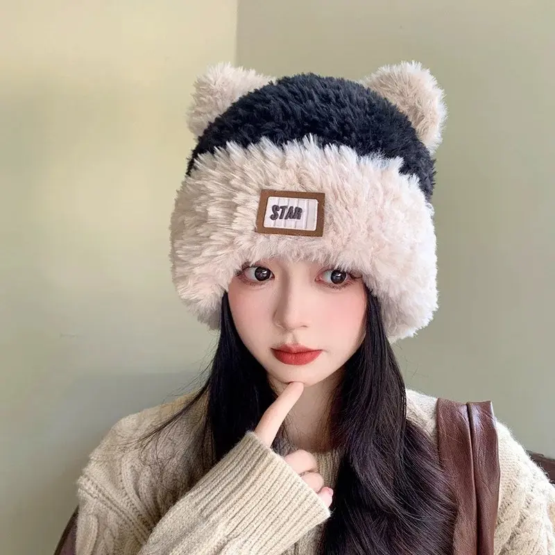 Winter Plush Knitted Hat for Women Cute Bear Ears Ear Protection Beanies Korean Cartoon Fluffy Fur Pullover Cap