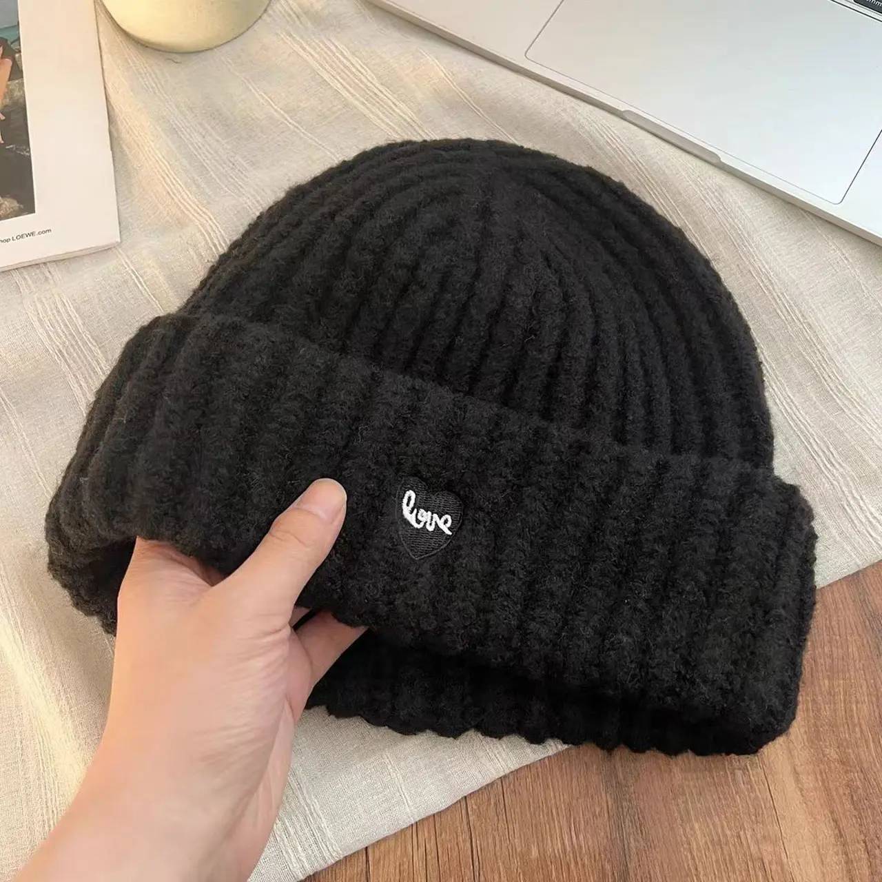 Winter Knitted Woolen Hat for Women Lover Heart Embroidered Beanie Cap Korean Solid Color Ear Protection Hats