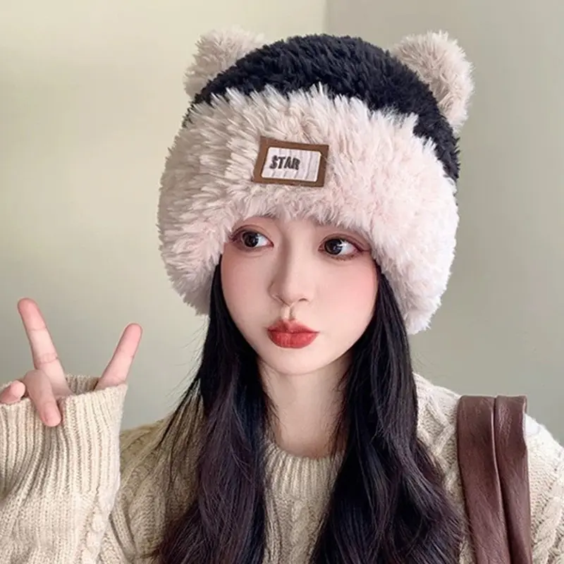 Winter Plush Knitted Hat for Women Cute Bear Ears Ear Protection Beanies Korean Cartoon Fluffy Fur Pullover Cap