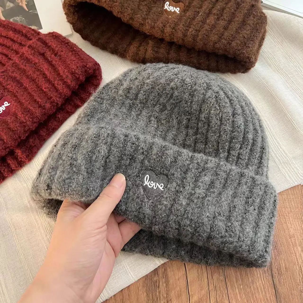 Winter Knitted Woolen Hat for Women Lover Heart Embroidered Beanie Cap Korean Solid Color Ear Protection Hats