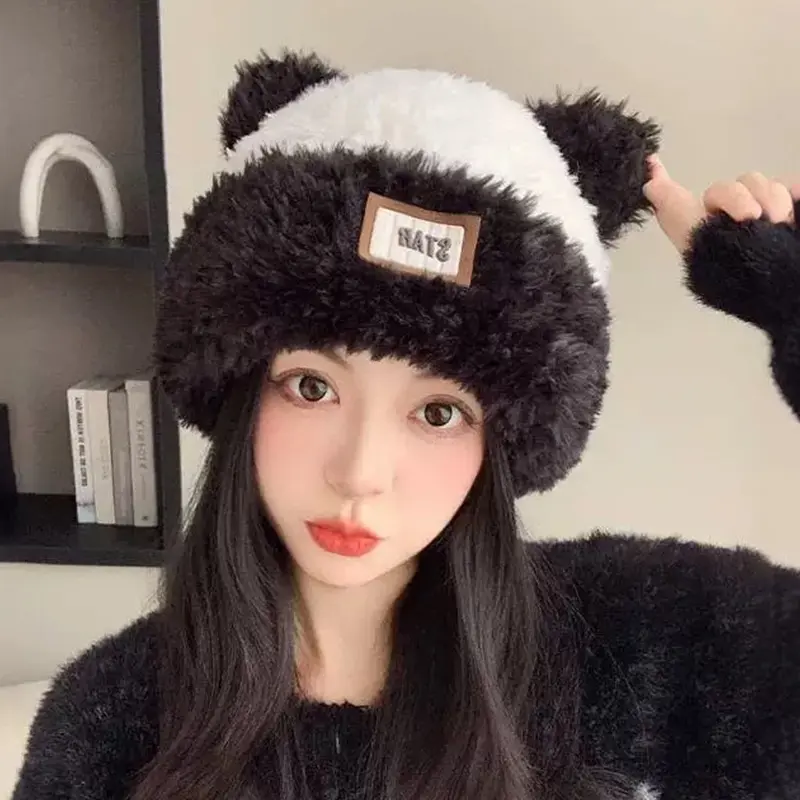 Winter Plush Knitted Hat for Women Cute Bear Ears Ear Protection Beanies Korean Cartoon Fluffy Fur Pullover Cap