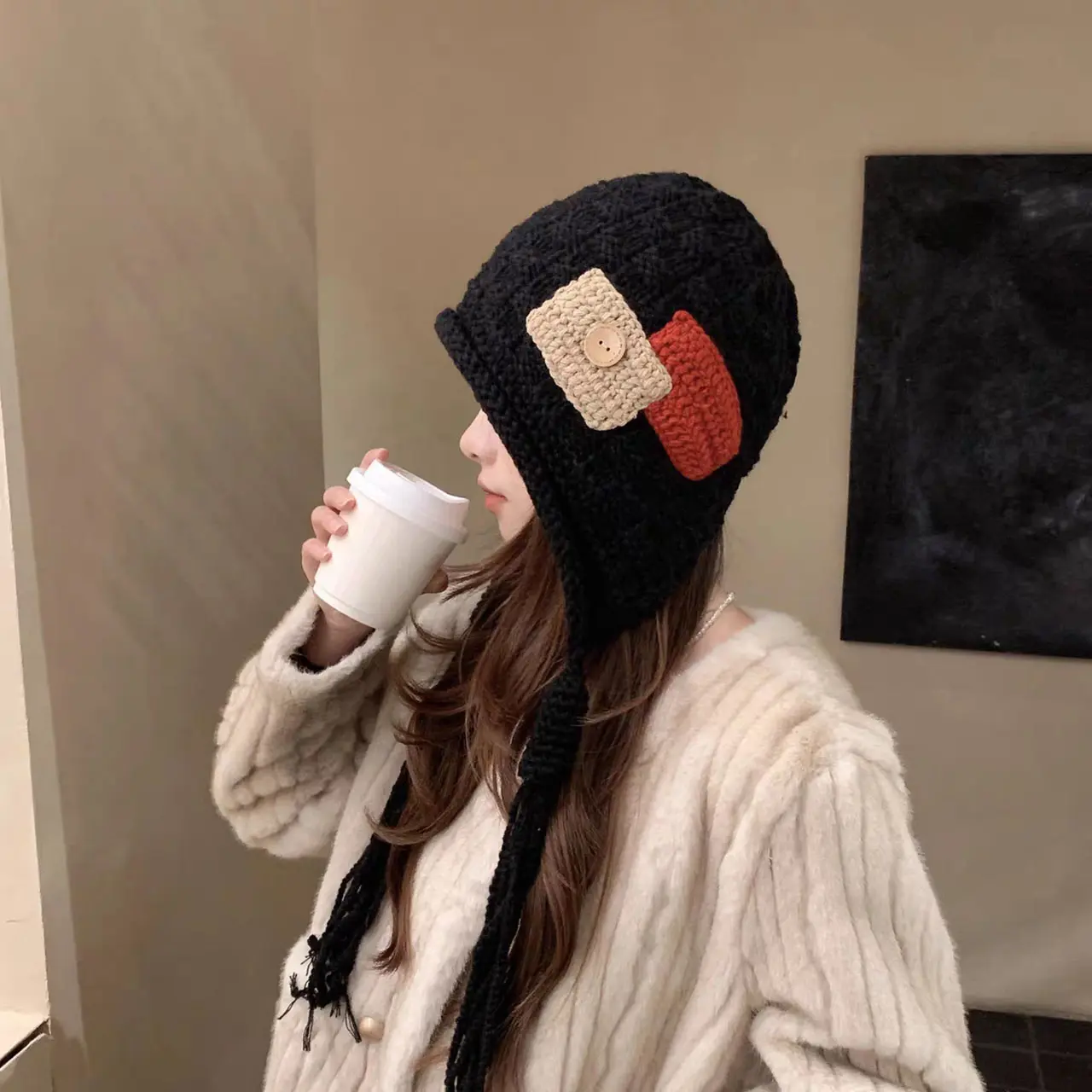 Handmade Knitted Hat for Women Winter Warm Woolen Ear Protection Cap Lady Female Korean Crochet Pullover Hats