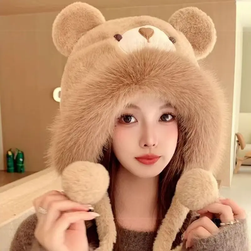 Cute Bear Ears Plush Hat for Women Winter Fluffy Fur Ear Protection Cap Cartoon Thickened Cycling Cold Proof Warm Cap