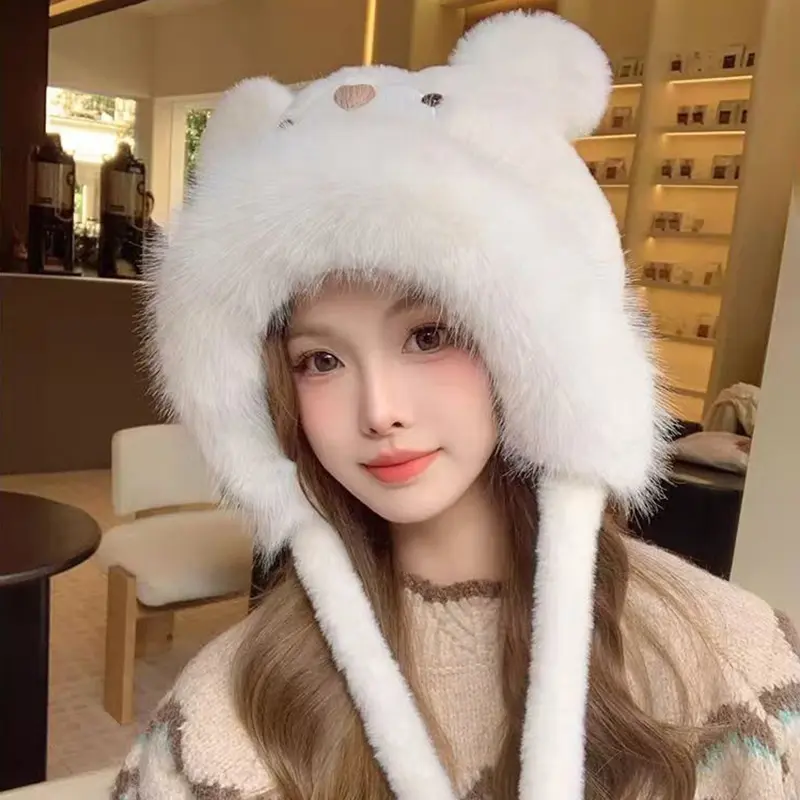 Cute Bear Ears Plush Hat for Women Winter Fluffy Fur Ear Protection Cap Cartoon Thickened Cycling Cold Proof Warm Cap