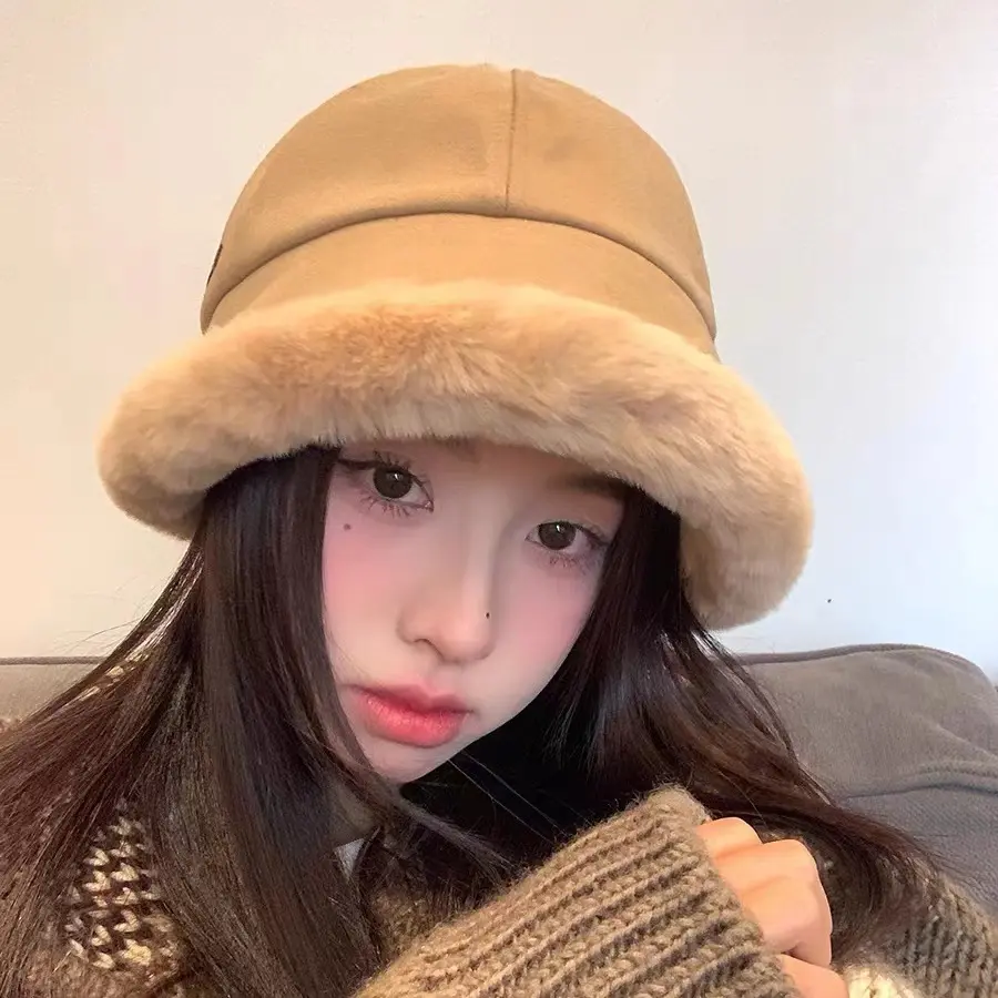 Winter Mongolian Hat for Women Warm Fluffy Fur Fisherman Cap Outdoor Large-brim Windproof Plush Bucket Hats