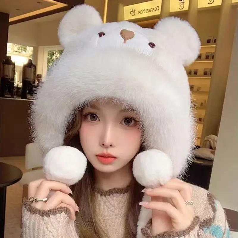 Cute Bear Ears Plush Hat for Women Winter Fluffy Fur Ear Protection Cap Cartoon Thickened Cycling Cold Proof Warm Cap