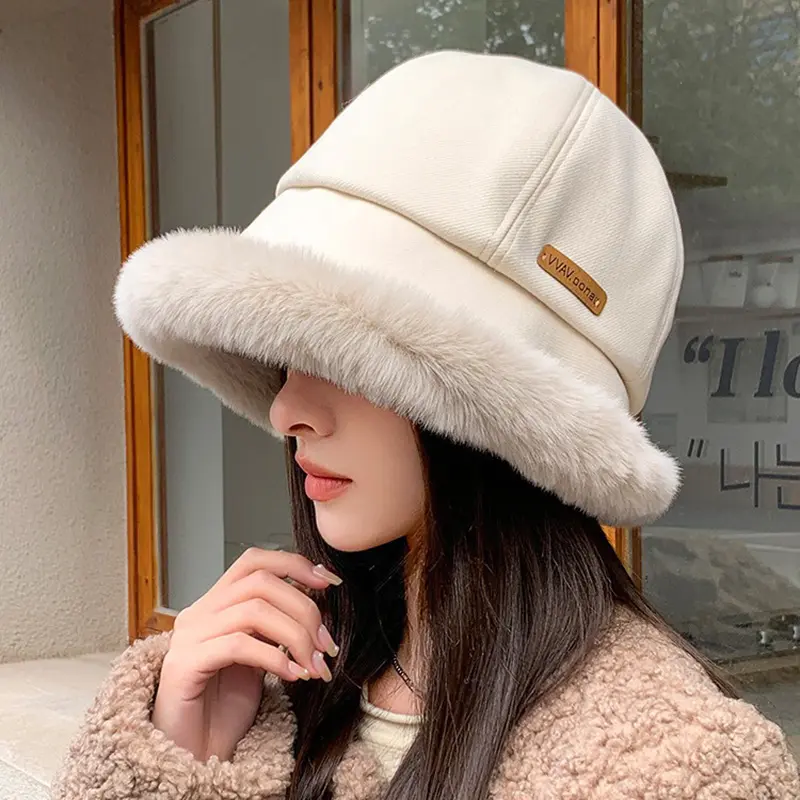Winter Mongolian Hat for Women Warm Fluffy Fur Fisherman Cap Outdoor Large-brim Windproof Plush Bucket Hats