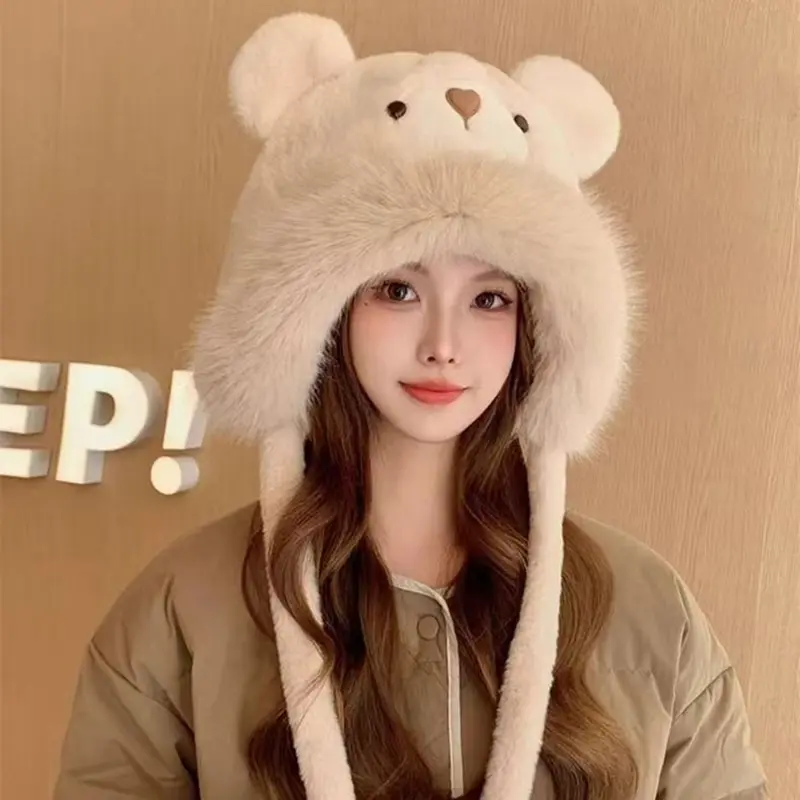 Cute Bear Ears Plush Hat for Women Winter Fluffy Fur Ear Protection Cap Cartoon Thickened Cycling Cold Proof Warm Cap