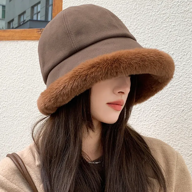 Winter Mongolian Hat for Women Warm Fluffy Fur Fisherman Cap Outdoor Large-brim Windproof Plush Bucket Hats