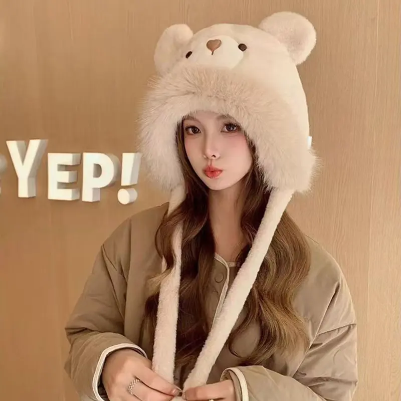 Cute Bear Ears Plush Hat for Women Winter Fluffy Fur Ear Protection Cap Cartoon Thickened Cycling Cold Proof Warm Cap
