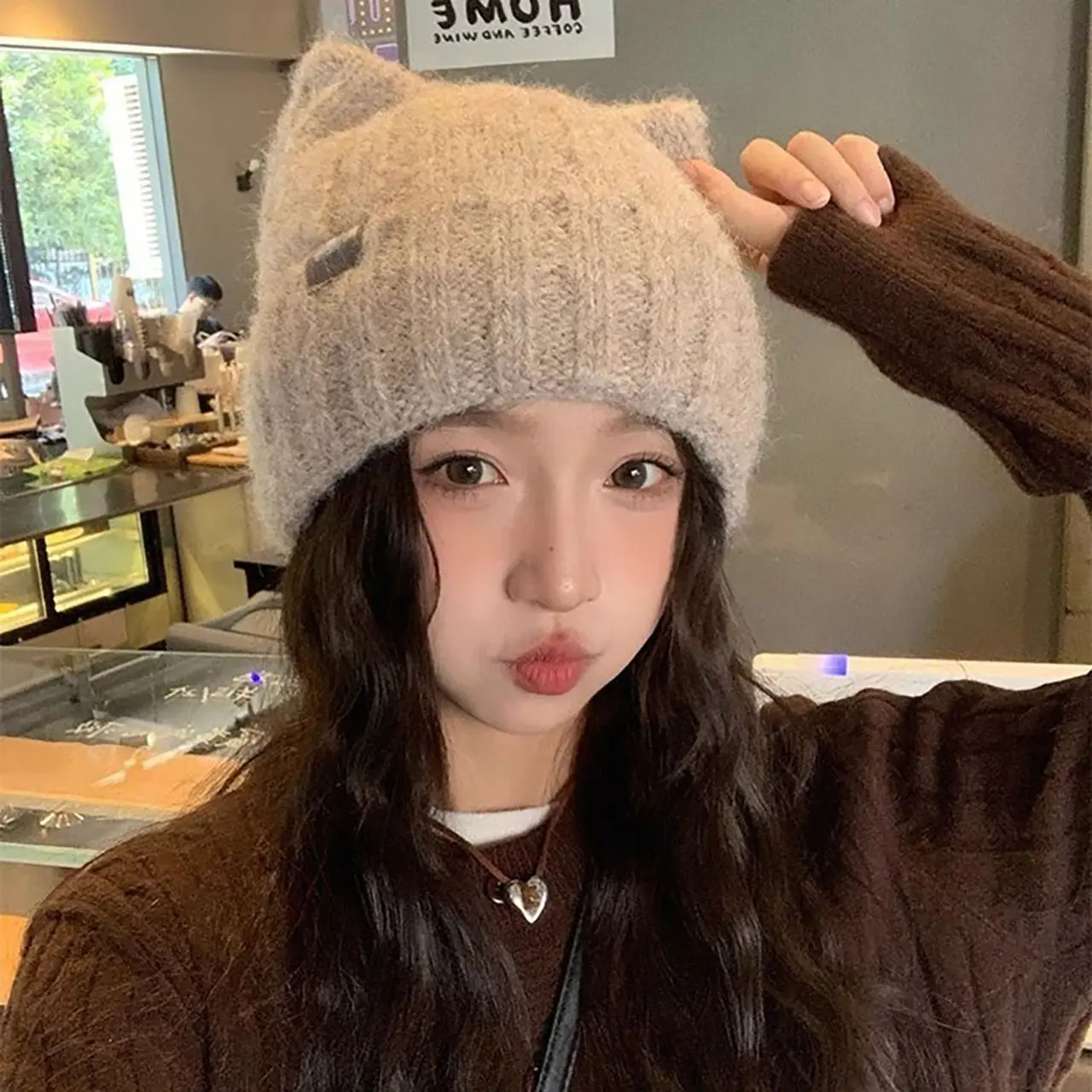 Cat Ears Beanie Hat for Women Winter Warm Knitted Wool Cap Solid Color Female Crochet Hats Girls Skullcap