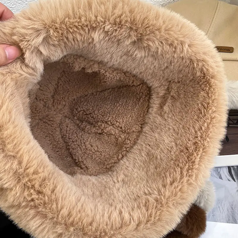 Winter Mongolian Hat for Women Warm Fluffy Fur Fisherman Cap Outdoor Large-brim Windproof Plush Bucket Hats