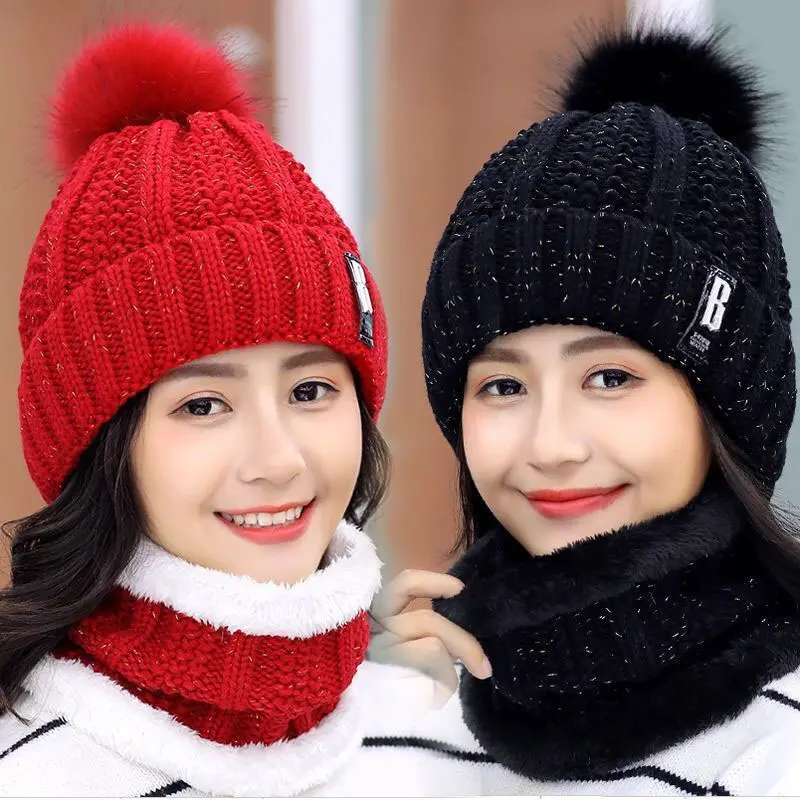 FAITOLAGI New Fashion Women Knitted Beanies Hat Scarf Set Pompon Autumn Winter Hat Neck Warmer Outdoor Casual Girl Skullies Cap