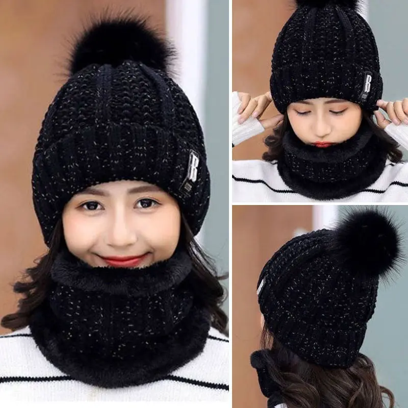 FAITOLAGI New Fashion Women Knitted Beanies Hat Scarf Set Pompon Autumn Winter Hat Neck Warmer Outdoor Casual Girl Skullies Cap