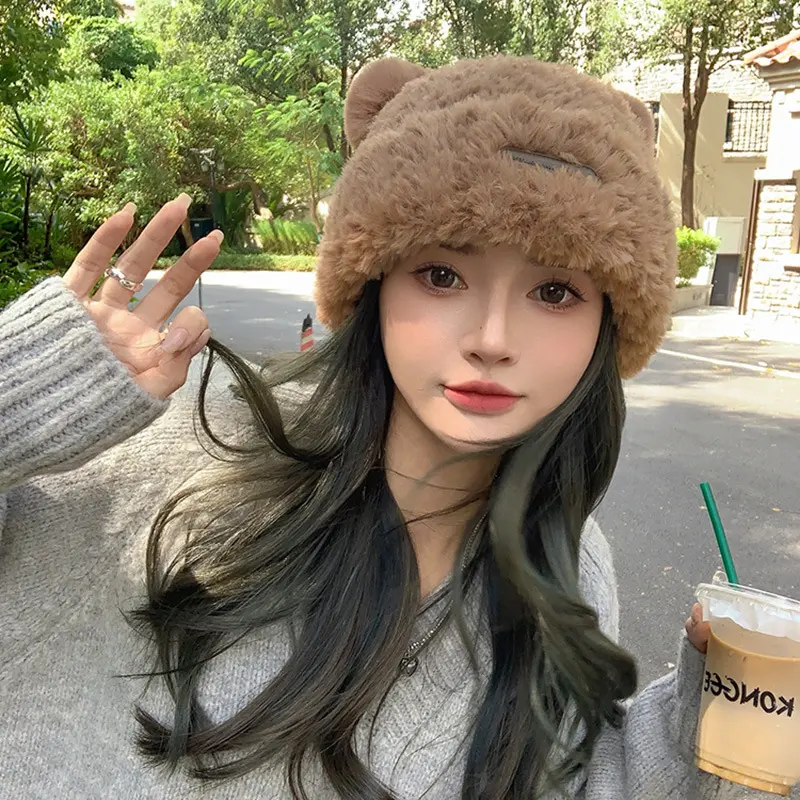 Cute Bear Ears Knitted Woolen Hat Winter Warm Plush Beanie Cap Lovely Cartoon Solid Color Faux Fur Skullcap