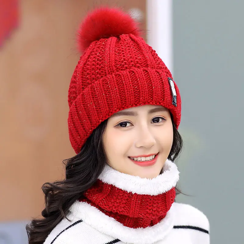 FAITOLAGI New Fashion Women Knitted Beanies Hat Scarf Set Pompon Autumn Winter Hat Neck Warmer Outdoor Casual Girl Skullies Cap