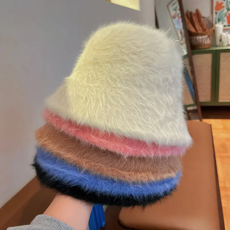 Korean Rabbit Fur Bucket Hat Winter Warm Fluffy Fur Fisherman Cap for Women Solid Color Thick Plush Basin Hats