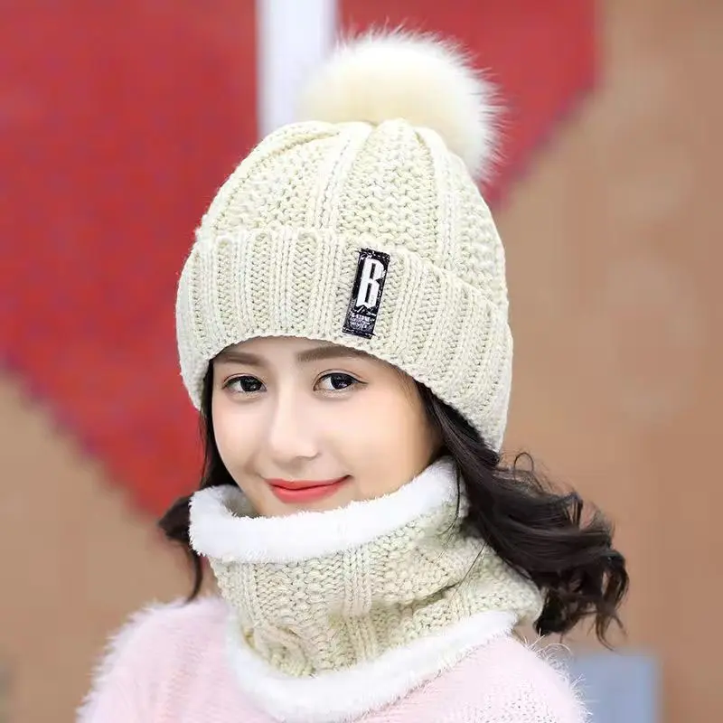 FAITOLAGI New Fashion Women Knitted Beanies Hat Scarf Set Pompon Autumn Winter Hat Neck Warmer Outdoor Casual Girl Skullies Cap