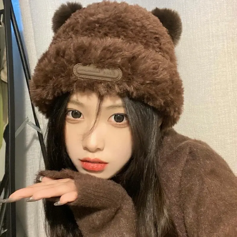 Cute Bear Ears Knitted Woolen Hat Winter Warm Plush Beanie Cap Lovely Cartoon Solid Color Faux Fur Skullcap